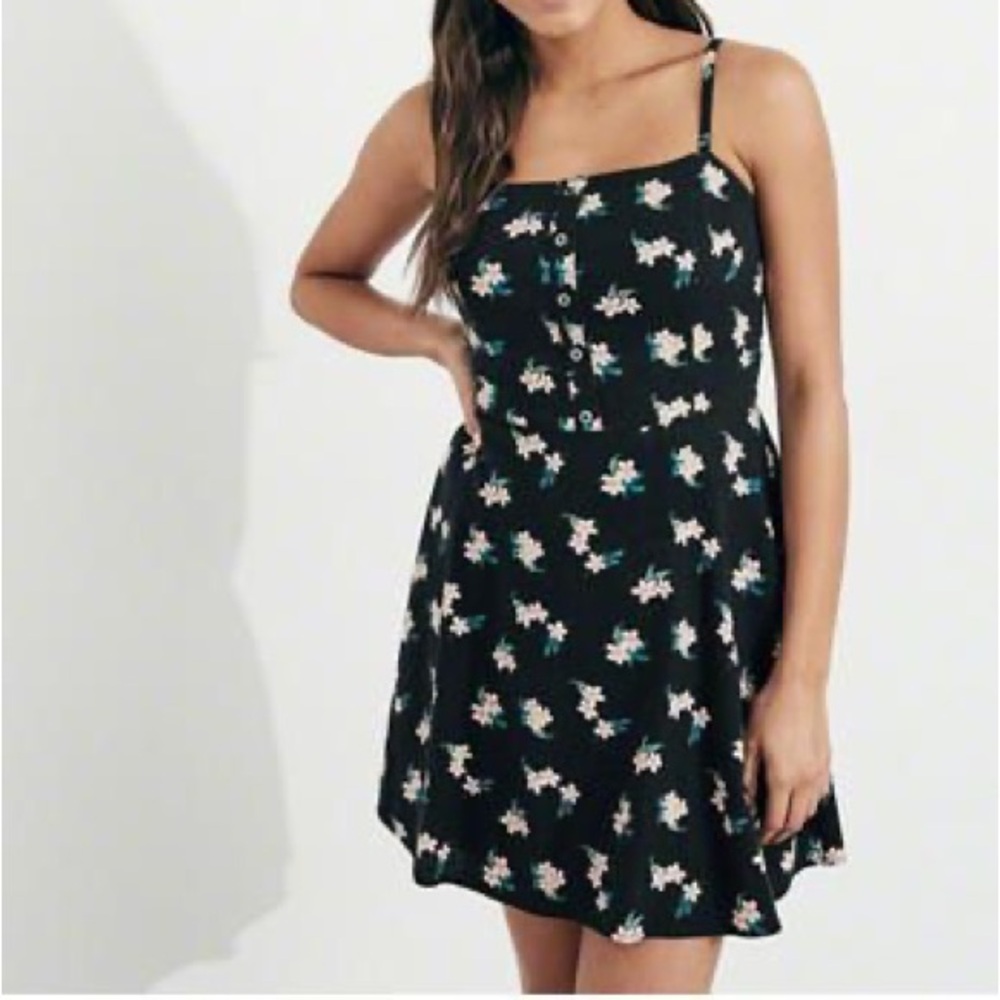 Hollister Black Floral Cottagecore a-line Mini Square neck linen Dress size XS